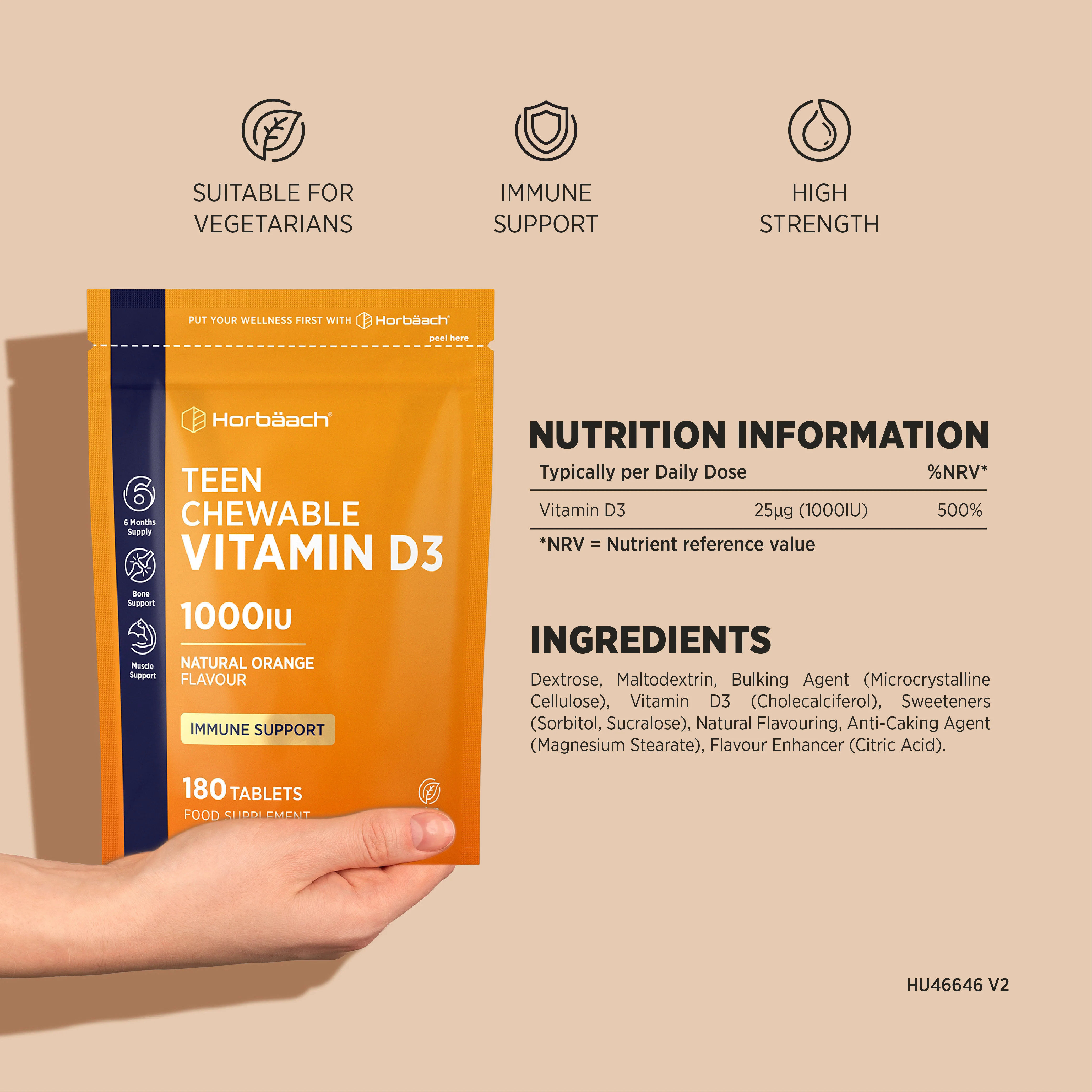 Vitamin D3 for Teens 1000 IU | 180 Chewable Tablets - Image 3